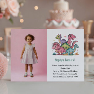 Convites Foto de Dinossauro Rosa Fofa Aniversário de 2 anos
