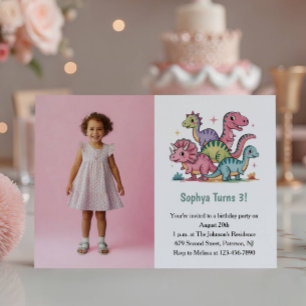 Convites Foto de Dinossauro Rosa Fofa Aniversário de 3 anos