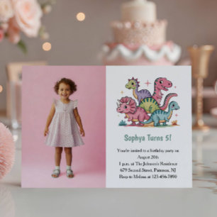 Convites Foto de Dinossauro Rosa Fofa para Aniversário de C