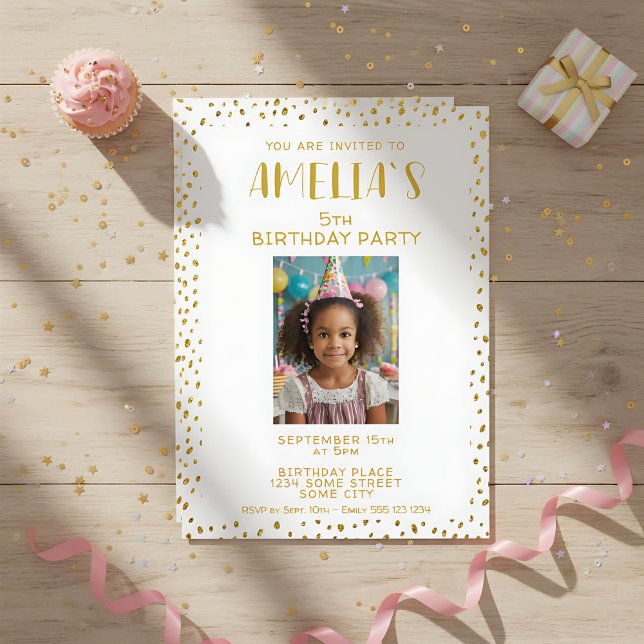 Convites Foto de Dourado Faux Glitter Kids Girl Aniversário (Criador carregado)