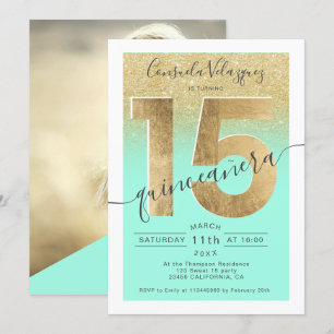 Convites foto de dourado - script mint quinceanera