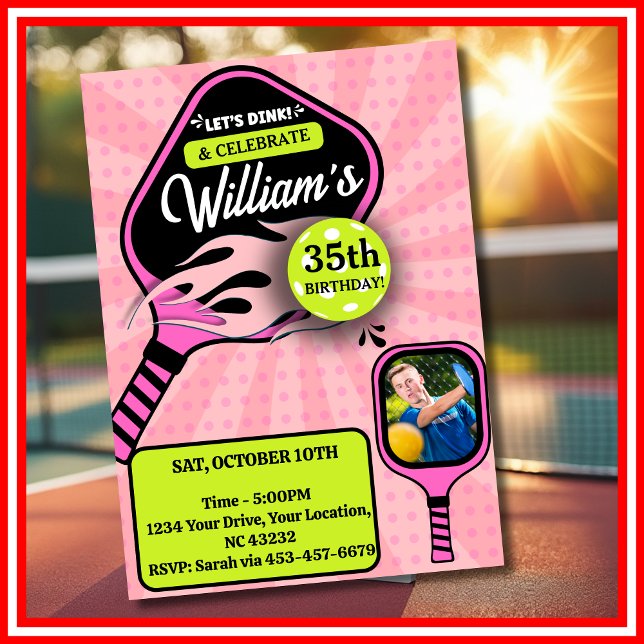 Convites Foto de esportes rosa Pickleball RETRO Aniversário (Pickleball RETRO Pink Sports PHOTO Birthday Invitation)
