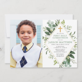 Convites Foto de eucalipto moderno da Primeira Comunhão
