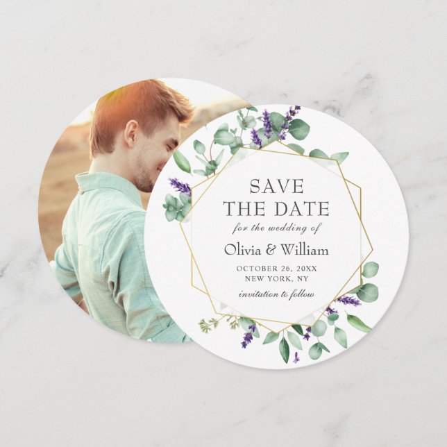 Convites FOTO de Eucalipto Moderno SAVE THE DATE Casamento (Frente/Verso)