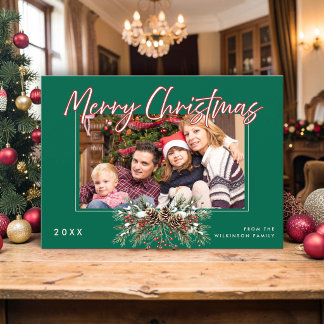Convites Foto de Família Feliz Natal Pinheiro Bagas Vermelh