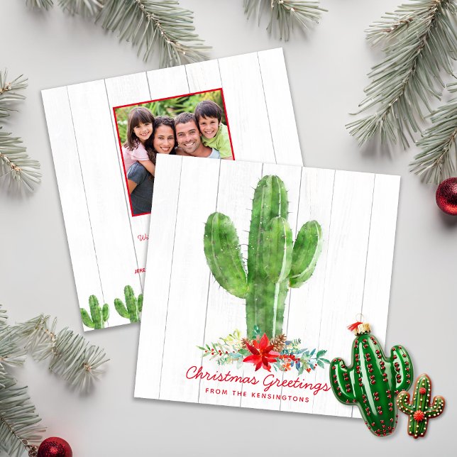 Convites Foto de Feriado de Madeira de Natal Russo Cactus (Rustic Christmas Cactus Wood Holiday Photo Christmas Card)