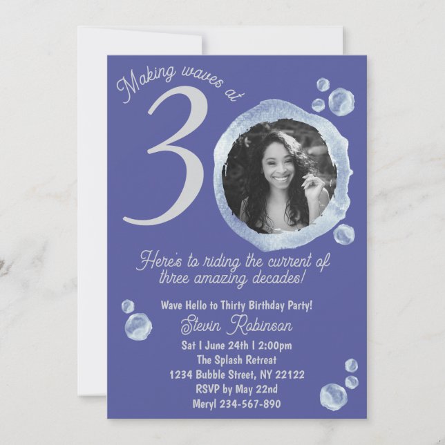 Convites Foto de Festa de aniversário 30 Azul com Bolhas Az (Frente)