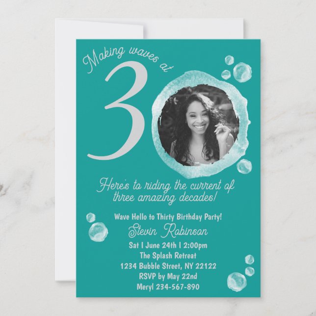 Convites Foto de Festa de aniversário 30 Ocean Teal Bubbles (Frente)