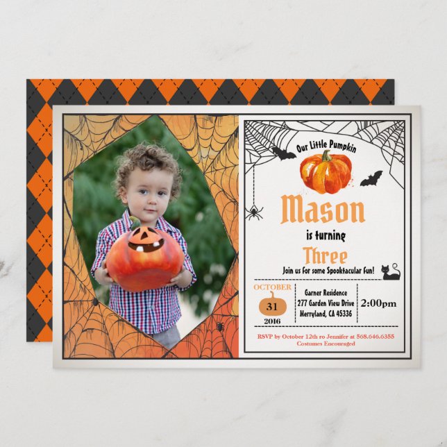 Convites Foto de festa de aniversário de abóbora do Hallowe (Frente/Verso)