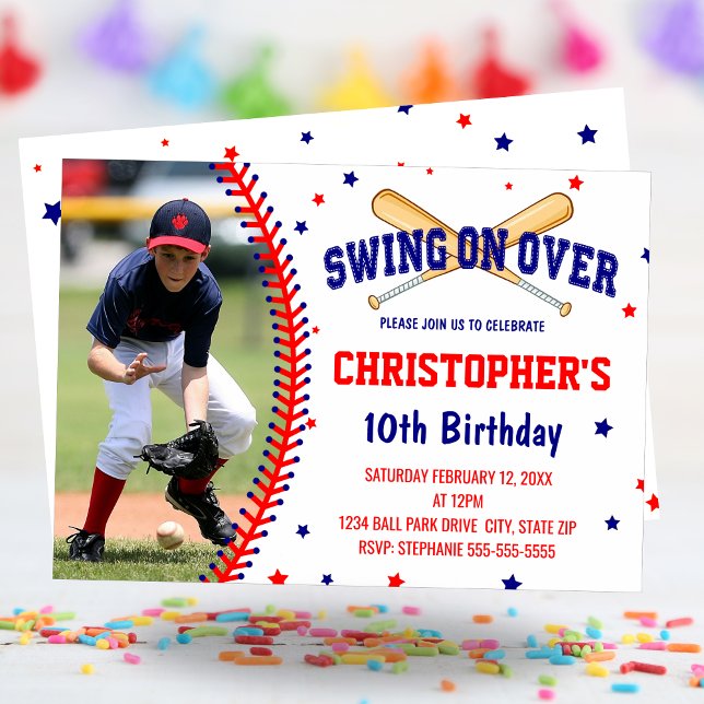 Convites Foto de Festa de aniversário de Baseball em Swing  (Swing On Over Boys Baseball Birthday Party Photo Invitation)
