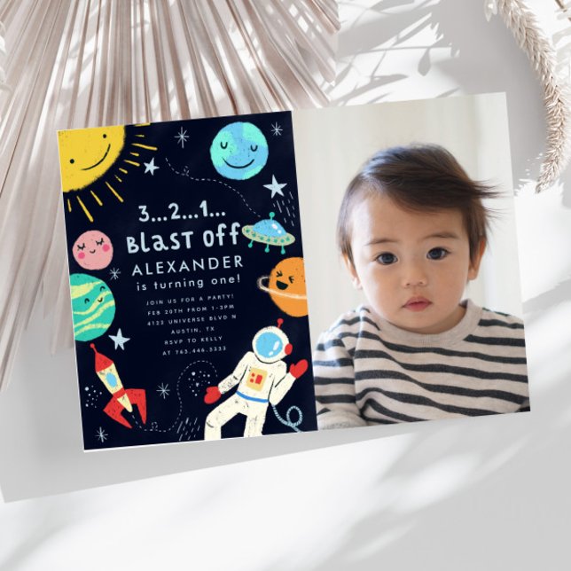Convites Foto de Festa de aniversário de explosão de espaço (Criador carregado)