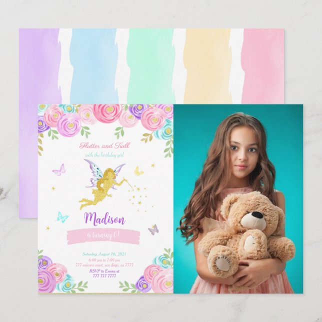 Convites Foto de Festa de aniversário de Fada Editável (Frente/Verso)