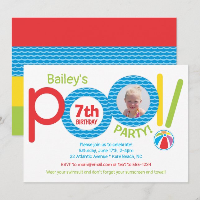 Convites Foto de Festa de aniversário de Festa de Piscina p (Frente/Verso)