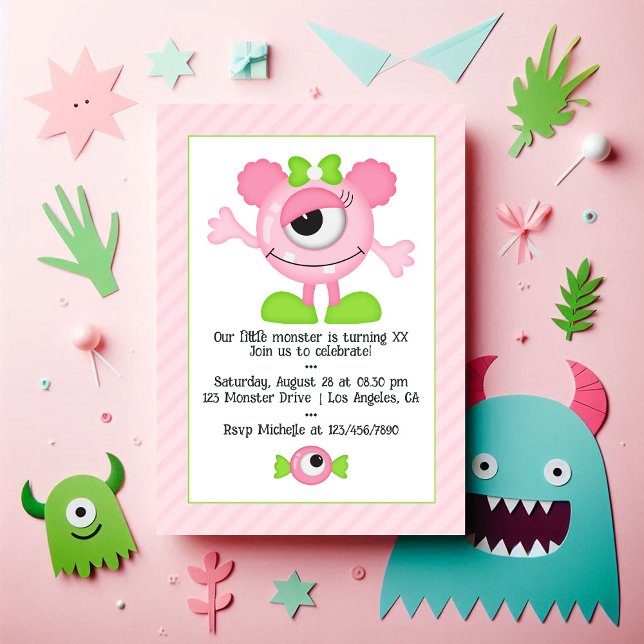 Convites Foto de Festa de aniversário de monstro rosa-claro (Cute Pink Monster Birthday Party Photo Invitation)