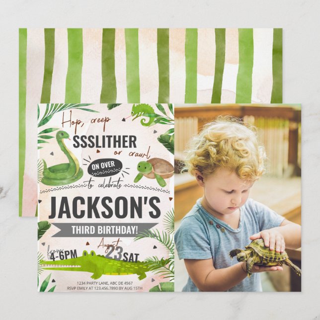 Convites Foto de Festa de aniversário de Rapaz Réptil (Frente/Verso)