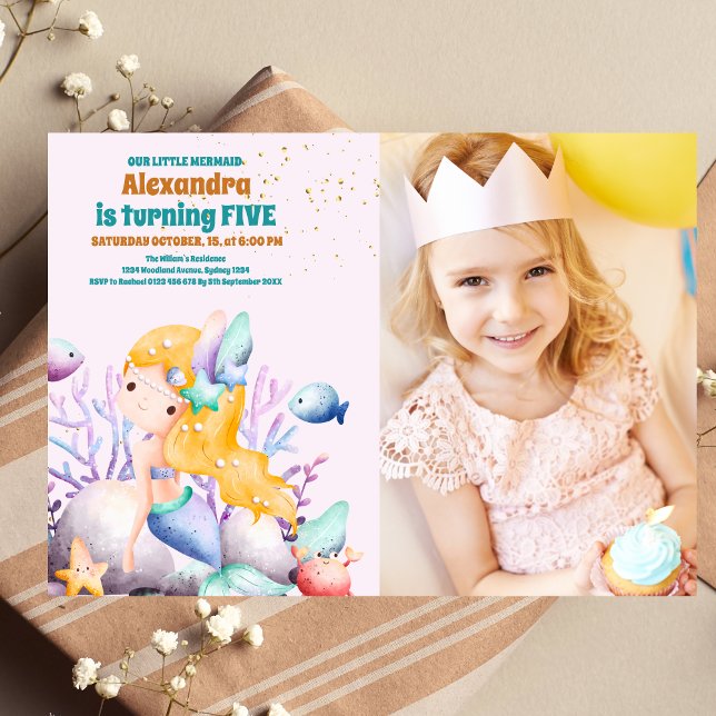 Convites Foto de Festa de aniversário de Sereia de Watercol (Criador carregado)