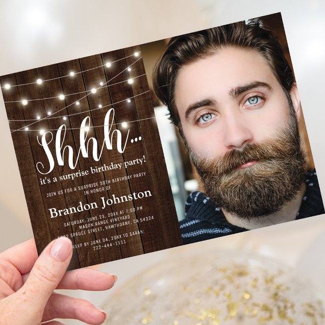 Convites Foto de Festa de aniversário de Surpresa Rustic Ad (Criador carregado)