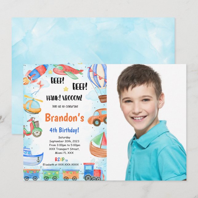 Convites Foto de Festa de aniversário de Transporte Editáve (Frente/Verso)