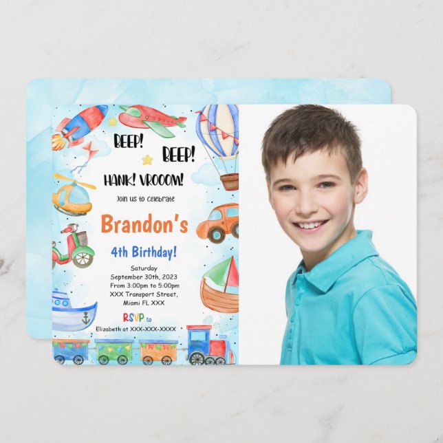 Convites Foto de Festa de aniversário de Transporte Editáve (Frente/Verso)