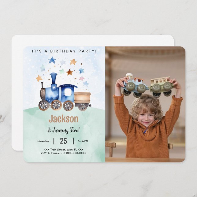 Convites Foto de Festa de Aniversário de Trem (Frente/Verso)