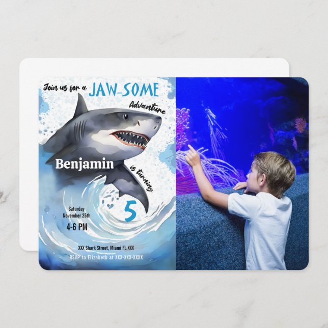 Convites Foto de Festa de aniversário de tubarão (Frente/Verso)