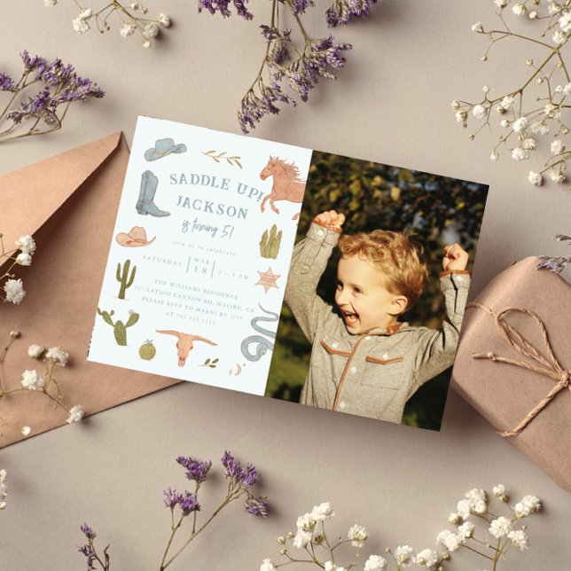 Convites Foto de Festa de aniversário do Cowboy Saddle Up (Criador carregado)