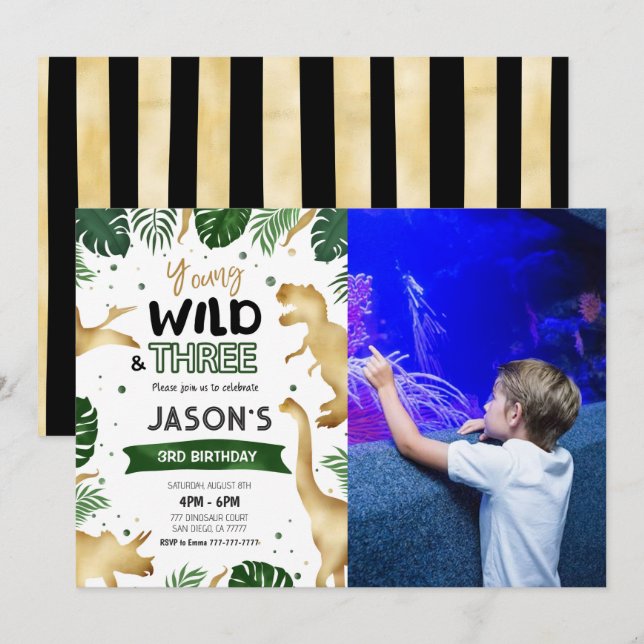 Convites Foto de Festa de aniversário do Dinossauro ouro (Frente/Verso)