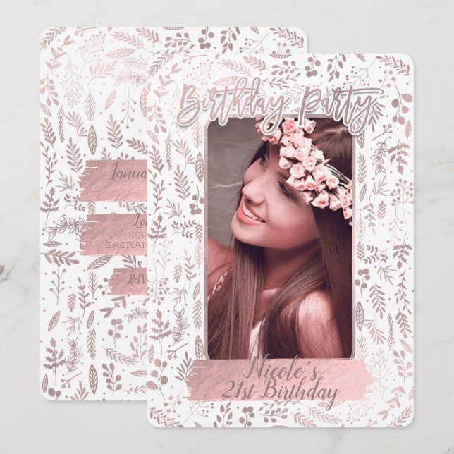 Convites Foto de festa de aniversário moderna com folha de  (Frente/Verso)