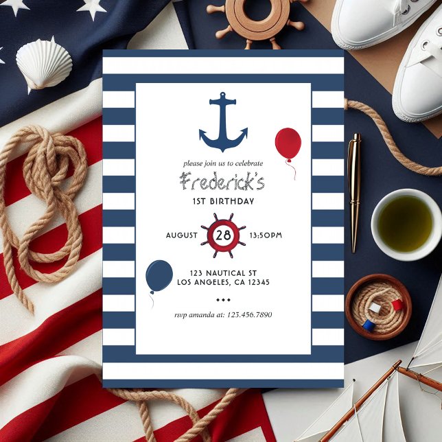 Convites Foto de Festa de aniversário Náutica Personalizáve (Customizable Nautical Birthday Party Photo Invitation)