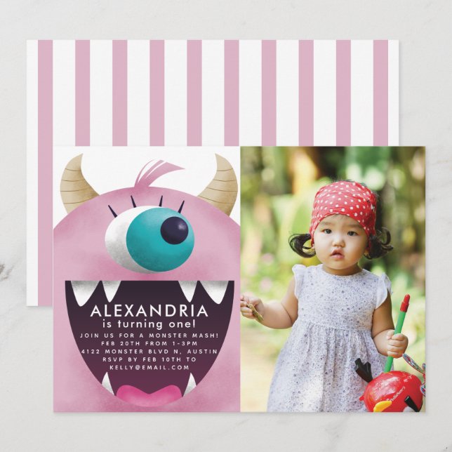 Convites Foto de Festa de aniversário Rosa Monster Bash (Frente/Verso)