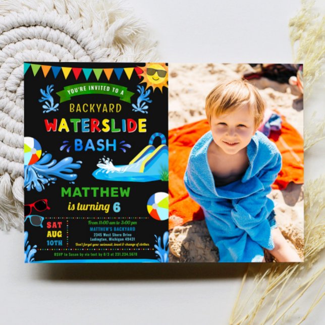 Convites Foto de Festa de aniversário Waterslide Bash Summe (Waterslide Bash Summer Boy Birthday Party Photo Invitation)