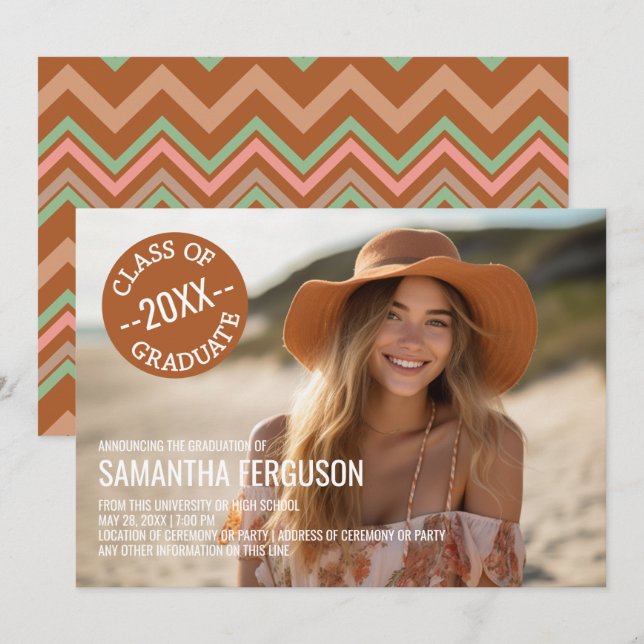 Convites Foto de Festa de formatura Chevrons Preto e Branco (Frente/Verso)