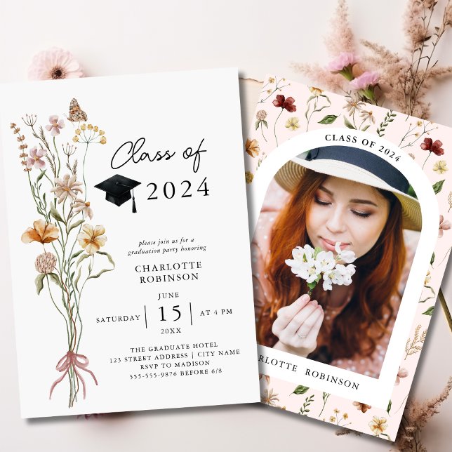 Convites Foto de Festa de formatura de flor selvagem na mod (Stylish Spring Wildflower Graduation Party Photo Invitation)