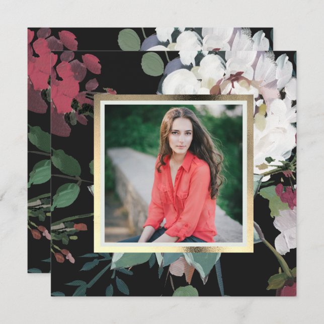 Convites Foto de Festa de formatura Floral Escuro Elegante (Frente/Verso)