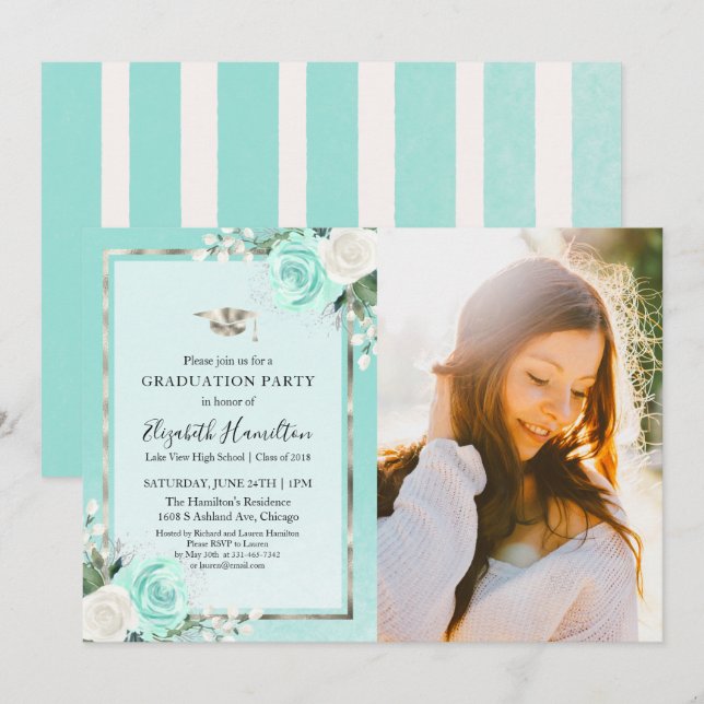 Convites Foto de Festa de formatura Floral Teal & Foil Silv (Frente/Verso)