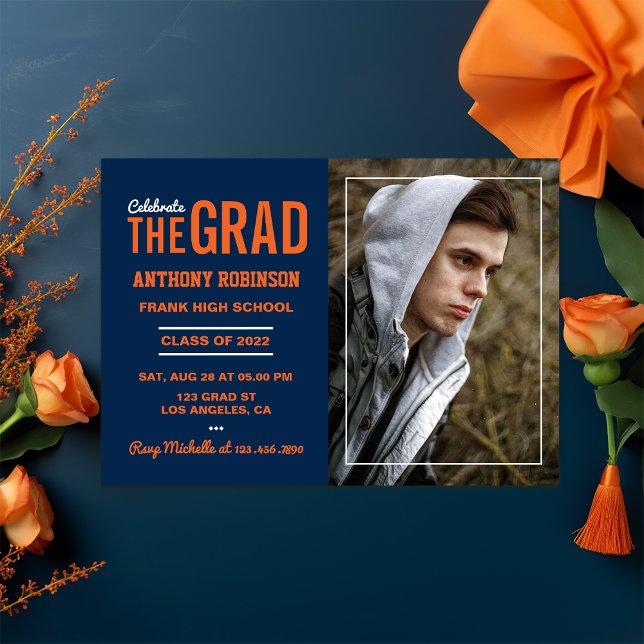 Convites Foto de Festa de formatura laranja e azul (Orange and Blue Graduation invite)