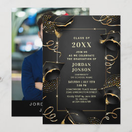 Convites Foto de Festa de formatura Preta do Ouro Moderno
