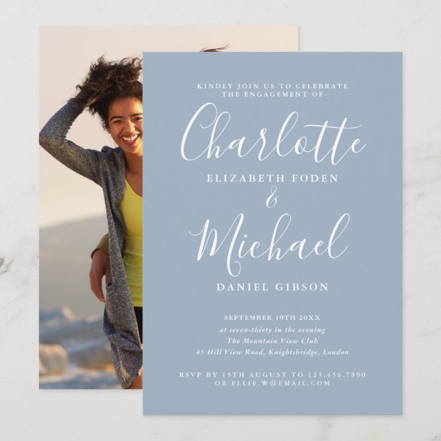 Convites Foto de festa de noivado com letra elegante (Frente/Verso)