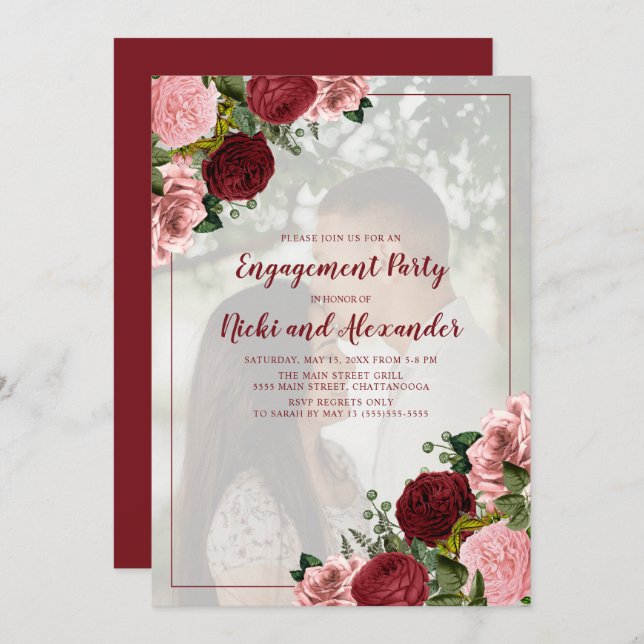 Convites Foto de Festa de noivado Floral Rosa-Blush Burgund (Frente/Verso)