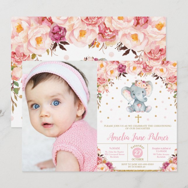 Convites Foto de Floral Elephant Christening Baptism Girl (Frente/Verso)