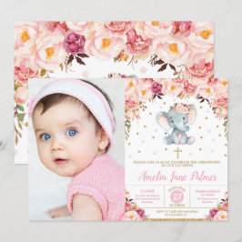 Convites Foto de Floral Elephant Christening Baptism Girl