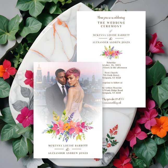 Convites Foto de Flores Coloridas e Folhagem (Cherish Colorful Flowers & Foliage Garland Photo Wedding Invitations Cards. )