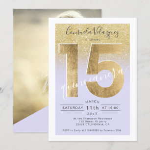 Convites foto de foil dourado com guião roxa quinceanera