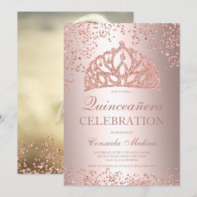 Convites Foto de folha Rosa de ouro tiara Quinceañera (Frente/Verso)