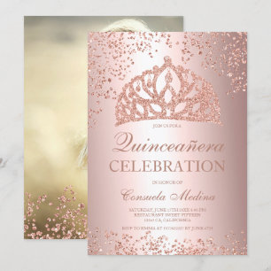 Convites Foto de folha Rosa de ouro tiara Quinceañera