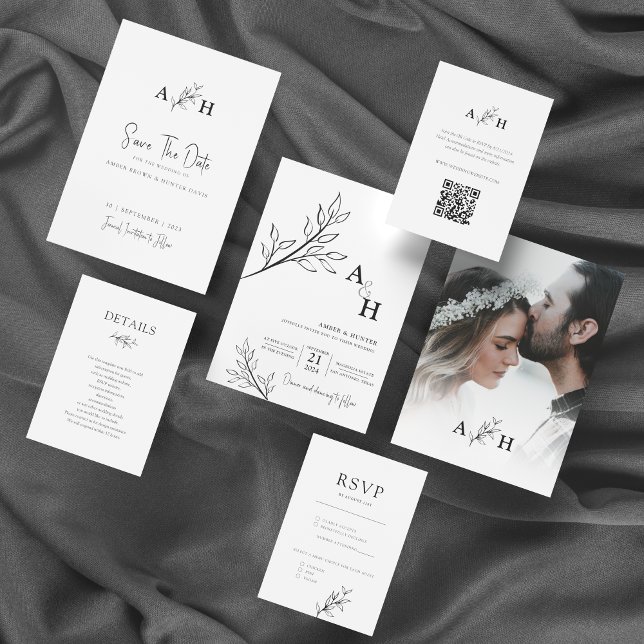 Convites Foto de Folhagem de Monograma Moderno Preto e Bran (Criador carregado)