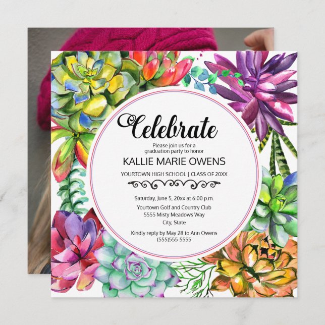 Convites Foto de Formatação Botânica de Suculentes Azuis Ro (Frente/Verso)