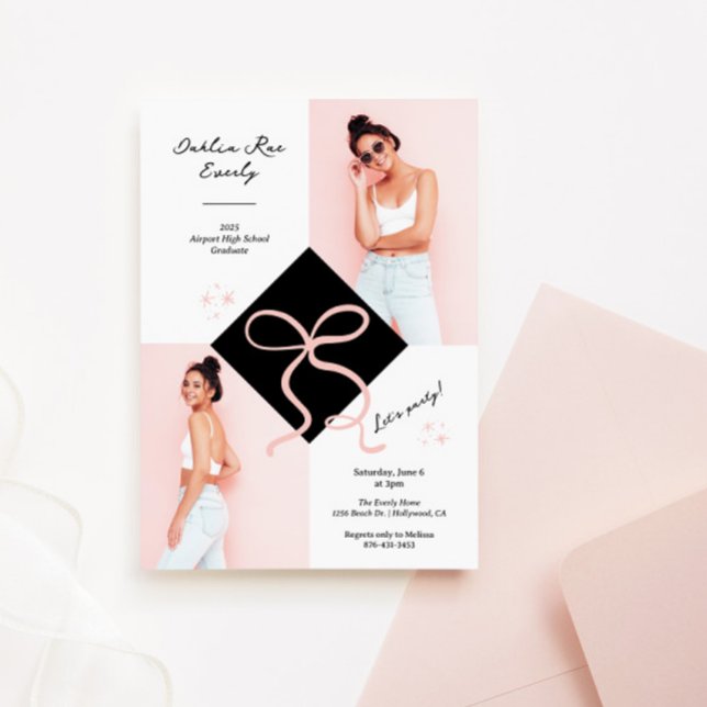 Convites Foto de Formatura com Boina e Laço Rosa Minimalist (Pink Bow Grad Cap Party Invitation)