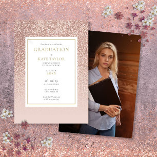 Convites Foto de Formatura com Brilho em Dourado Rosado Mod