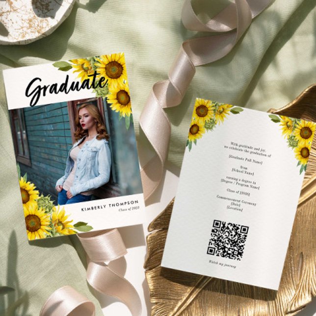 Convites Foto de Formatura com Girassóis Código QR Floral R (Criador carregado)
